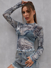 Damen T-Shirt Langarm Grau Geometrischer Jewel Neck Lycra Spandex T-Shirt