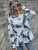 Damen T-Shirt Weiß Langarm Jewel Neck Tie Dye Bedrucktes Polyester Shirt Casual Bluse