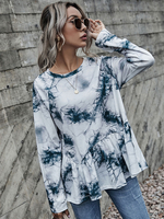 Damen T-Shirt Weiß Langarm Jewel Neck Tie Dye Bedrucktes Polyester Shirt Casual Bluse