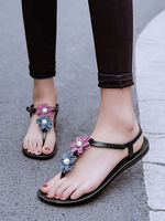 Damen Tanga Sandalen Flache Schuhe für Strand mit Blumen