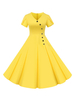 Damen Vintage Kleid 1950er Jahre Gelb Kurzarm Swing Kleid