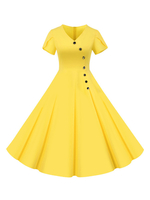 Damen Vintage Kleid 1950er Jahre Gelb Kurzarm Swing Kleid