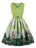 Damen Vintage Kleid 1950er Jahre Green Christmas Pattern Ärmelloses knielanges Baumwoll-Swing-Kleid aus Baumwolle