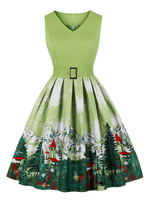 Damen Vintage Kleid 1950er Jahre Green Christmas Pattern Ärmelloses knielanges Baumwoll-Swing-Kleid aus Baumwolle