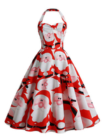 Damen Vintage Kleid 1950er Jahre Pink Christmas Pattern Ärmelloses Swing-Kleid