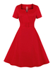 Damen Vintage Kleid 1950er Jahre Rot Kurzarm V-Ausschnitt Rockabilly A Linie Knielanges Baumwollkleid