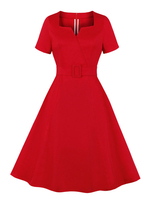 Damen Vintage Kleid 1950er Jahre Rot Kurzarm V-Ausschnitt Rockabilly A Linie Knielanges Baumwollkleid