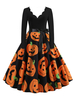 Damen Vintage Kleid 1950er Jahre V-Ausschnitt Langarm Orange bedruckt Rockabilly Kleid
