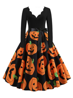 Damen Vintage Kleid 1950er Jahre V-Ausschnitt Langarm Orange bedruckt Rockabilly Kleid