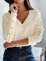 Damen Weiß Langarm T-Shirt Polyester Buttons V-Neck Winter Shirt