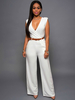 Damen Weißer Overall V-Ausschnitt Ärmellose Schärpe Off-The-Shoulder Lycra Spandex Straight Summer One Piece Outfit
