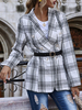 Damen White Blazer Turndown Collar Langarm Plaid Layered Short Jackets