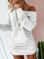Damen White Bodycon Kleider Lange Ärmel Schnüren Sexy Scoop Neck Kordelzug Slim Fit Kleid Etuikleid