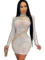 Damen White Club Kleid Hoher Kragen Strass Langarm Polyester Sexy Bodycon Kleid