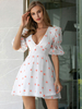 Damen White Skater Kleider Polka Dot Polyester Lässig Kurze Puffer Ärmel Fit Kleid Midi Flare Kleid