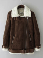 Damen Wildleder Jacke 2021 Lammfellmantel LambsWolle Brauen Zip Up Belt Motorrad Jacke