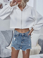 Damen Winterjacke Weiß Kapuze Langarm Sweatshirt mit Reißverschluss
