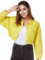 Damen Zitronengelb Jeansjacke Polyester Langarm Kurz Jeansjacke