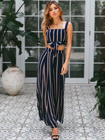 Damen Zweiteiler Set Dark Navy Gestreiftes Kurzes Oberteil mit weitem Bein