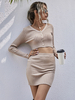 Damen Zweiteiler Sets Aprikosenbaumwolle Klassisches Herbst-Langarm-Outfit mit V-Ausschnitt
