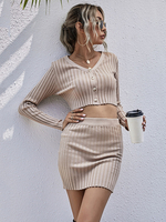 Damen Zweiteiler Sets Aprikosenbaumwolle Klassisches Herbst-Langarm-Outfit mit V-Ausschnitt