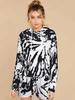 Damen Zweiteiler Sets Black Cotton Blend Kapuze Tie Dye Kordelzug Langarm Langarm Casual Outfit