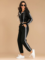 Damen Zweiteiler Sets Black Cotton Classic Herbst Langarm Hooded Outfit Sportswear