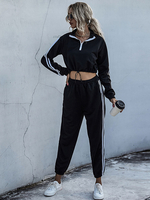 Damen Zweiteiler Sets Black Cotton Hooded Stripes Klassisches Langarm-Outfit Sportswear