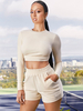 Damen Zweiteiler Sets Ecru White Polyester Shorts Jewel Neck Schnüren Lange Ärmel Athletic Top Outfit