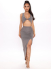 Damen Zweiteiler Sets Graues Polyester Split Front Langes Kleid Sommer Ärmelloses U-Ausschnitt Rückenloses Sexy Top Outfit