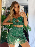 Damen Zweiteiler Sets Grüner Chiffon Halfter Blumendruck Rüschen Plissee Sexy Rock Ärmelloses Top Outfit