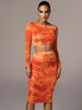 Damen Zweiteiler Sets Orange Polyester Bottoms Jewel Neck Bedruckte Langarm Casual Top Outfits