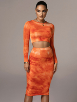 Damen Zweiteiler Sets Orange Polyester Bottoms Jewel Neck Bedruckte Langarm Casual Top Outfits