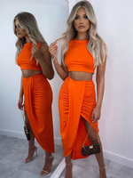Damen Zweiteiler Sets Orange Polyester Jewel Neck Split Front Kleid Ärmelloses Casual Top Outfit