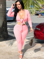 Damen Zweiteiler Sets Rosa Polyester Baumwolle V-Ausschnitt Schnüren Sexy Hosen Langarm Outfit