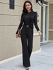Damen Zweiteiler Sets Schwarz Polyester Lange Schlaghose Plissee Langarm Casual Top Outfit