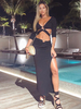 Damen Zweiteiler Sets Schwarz Polyester V-Ausschnitt Geteilte Frontknöpfe Sexy Top Langarm Outfit
