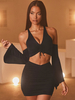 Damen Zweiteiler Sets Schwarze Unterseite Polyester V-Ausschnitt Schnüren Lange Ärmel Sexy Top Outfit
