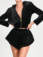 Damen Zweiteiler Sets Schwarze Veloursketten Casual Shorts Langarm Kapuzenbluse Outfit