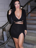 Damen Zweiteiler Sets Schwarzes Polyester V-Ausschnitt Schnüren Sexy Langarm Outfit