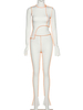 Damen Zweiteiler Sets Weiße Polyester Freizeithose Herbst Langarm Hoher Kragen Asymmetrisches Outfit