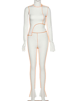 Damen Zweiteiler Sets Weiße Polyester Freizeithose Herbst Langarm Hoher Kragen Asymmetrisches Outfit