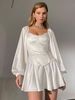 Damen zweiteilige Sets aus weißem Baumwoll-Retro-Kleid mit quadratischem Hals
