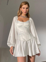Damen zweiteilige Sets aus weißem Baumwoll-Retro-Kleid mit quadratischem Hals