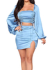 Damen zweiteilige Sets Blauer Polyesterrock Schnüren Plissee Herbst Langarm U-Ausschnitt Kordelzug Sexy TopOutfit