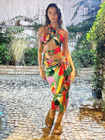 Damen zweiteilige Sets Grün bedrucktes Kleid Sommer ärmelloses Neckholder Sexy Top Outfit