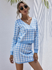 Damen zweiteilige Sets Helles Himmelblau Polyester Animal Print Klassisches Herbst-Langarm-Outfit mit V-Ausschnitt