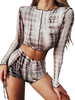 Damen zweiteilige Sets Kaffee braun Polyester Jewel Neck Printed Plissee Langarm Bluse Casual Shorts Outfit
