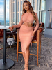 Damen zweiteilige Sets Pink Polyester V-Ausschnitt Sexy Langarm Top Bodycon Kleid Outfit