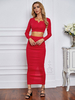 Damen zweiteilige Sets Red Polyester Langarm Casual T Shirt Maxikleid Outfit